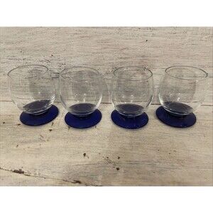 Vtg MCM Cordial Glass Cobalt Blue Footed 2” Barware Mini Liquor Shot Glass Set 4